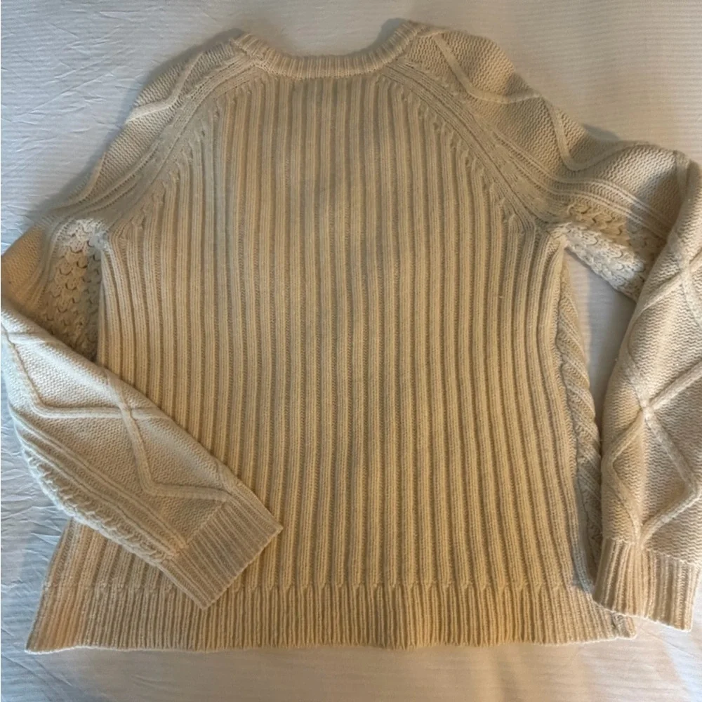 J. Crew Pom Pom Cable Knit Wool Sweater vintage-inspired chunky diamond beige SM